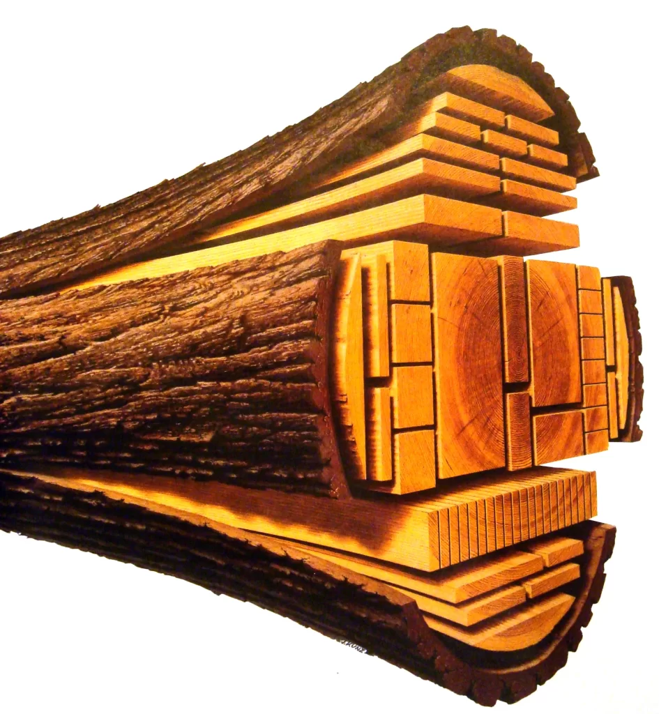 wooden log split with variety of cuts