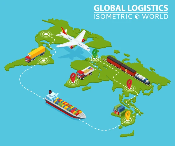 stb-pallet-shipping illustration of global logistics showing air, sea, truck, and rail freight routes across a world map. Represents international pallet shipping and supply chain solutions